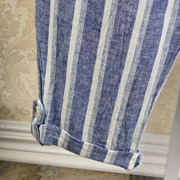 Sincerely Jules Sz S Blue White Striped Linen Blend Pants Elastic Smocked Waist - Picture 4 of 12